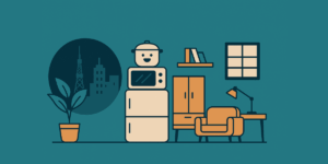 A stylized illustration representing a compact urban Japanese apartment, featuring vertically stacked kitchen appliances including a fridge, microwave, and rice cooker. Surrounding elements like a potted plant, bookshelf, workspace with a lamp, and a Tokyo Tower cityscape highlight efficient and aesthetically pleasing small-space living.