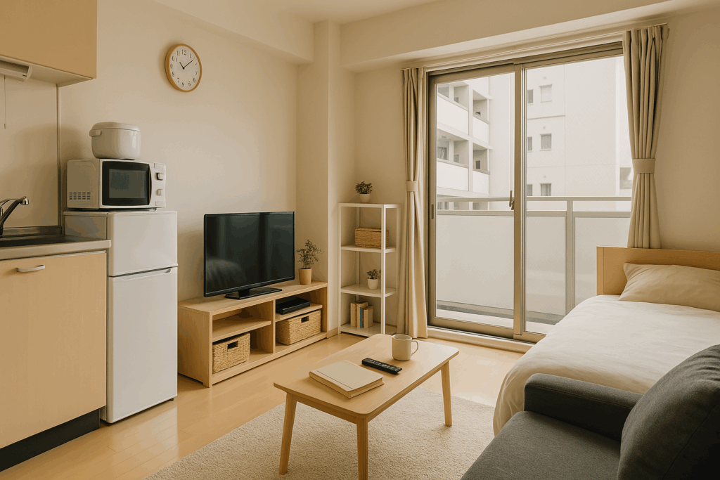20平米の日本の都市型ワンルームマンションの室内。コンパクトな空間に、ベッド、テレビ、キッチン、冷蔵庫、電子レンジ、収納棚などの生活必需品が効率的に配置されている。ナチュラルカラーを基調としたシンプルで機能的なインテリアデザイン。