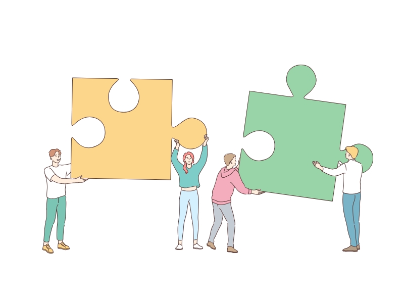 4人の人物が大きなパズルピースを一緒に運んでいるイラスト。アクセシビリティやインクルーシブなUXデザインにおける協働・共創の重要性を表現。