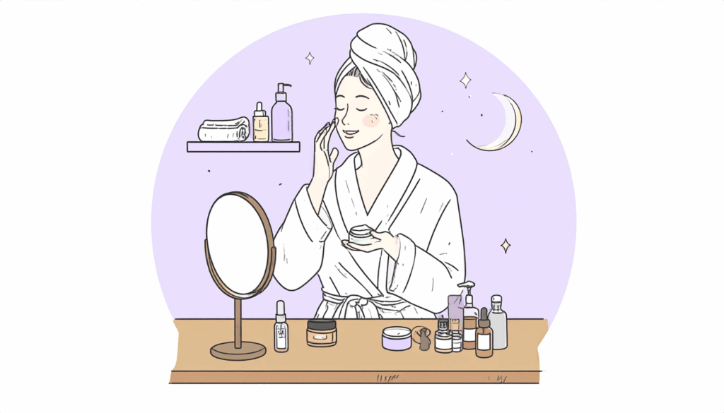 夜のスキンケアルーティンを楽しむ40代女性のイラスト。フェイスクリームを塗りながら自分をいたわる時間を過ごす姿を描写。感情的ニーズやジョブ理論に基づくUXリサーチの文脈に対応。