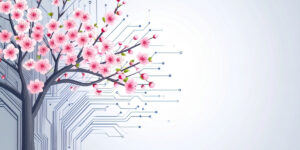 桜の木の枝が電子回路に変化するビジュアル。自然とテクノロジーの融合を象徴し、生成AIとUXの関係性を表現したイメージ。