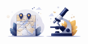 マーケットリサーチとUXリサーチの違いを表すイラスト。地図とピンで市場全体を把握するマーケットリサーチと、顕微鏡でユーザー体験を深掘りするUXリサーチの対比を視覚化。