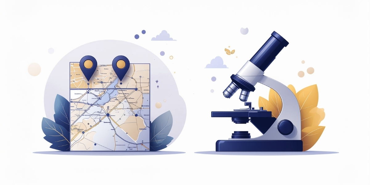 マーケットリサーチとUXリサーチの違いを表すイラスト。地図とピンで市場全体を把握するマーケットリサーチと、顕微鏡でユーザー体験を深掘りするUXリサーチの対比を視覚化。