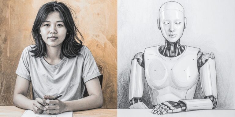 Split-screen image showing a woman in her 20s with a notebook on the left, and an AI robot in the same pose on the right. A visual comparison of real and synthetic users.