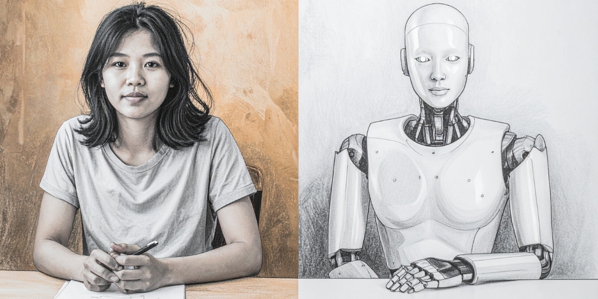 Split-screen image showing a woman in her 20s with a notebook on the left, and an AI robot in the same pose on the right. A visual comparison of real and synthetic users.