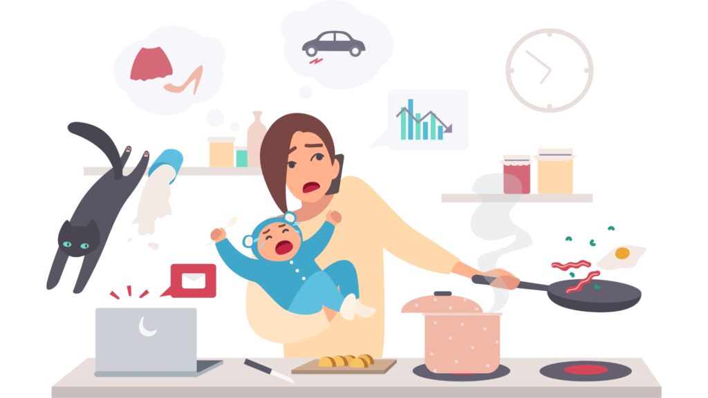 Illustration of a busy mother multitasking with childcare, cooking, and work, representing lifestyle challenges in building healthy habits.