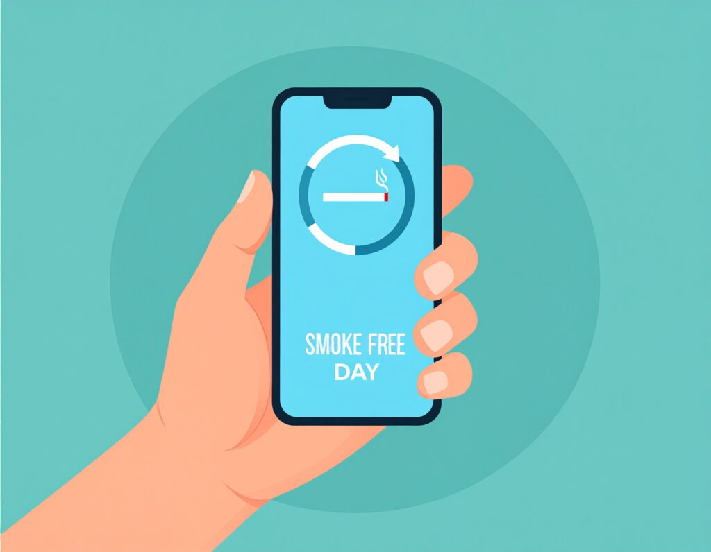 Digital smoking cessation app screen showing progress toward a smoke-free day.
