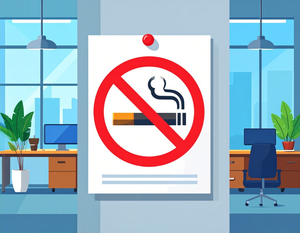 No smoking policy poster displayed in a modern office environment.
