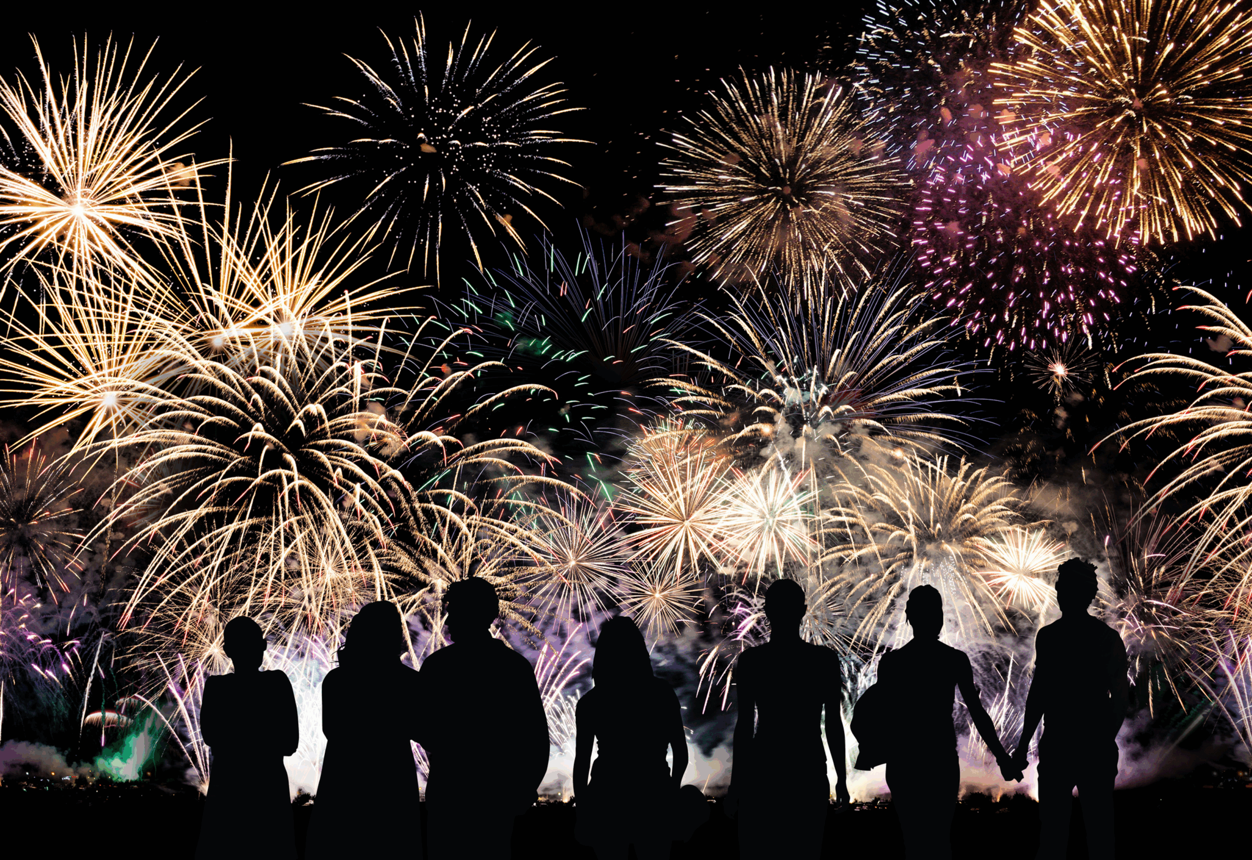 Japanese fireworks festival at night, with silhouettes of people watching colorful bursts over a river — a shared cultural UX experience of awe and reflection.