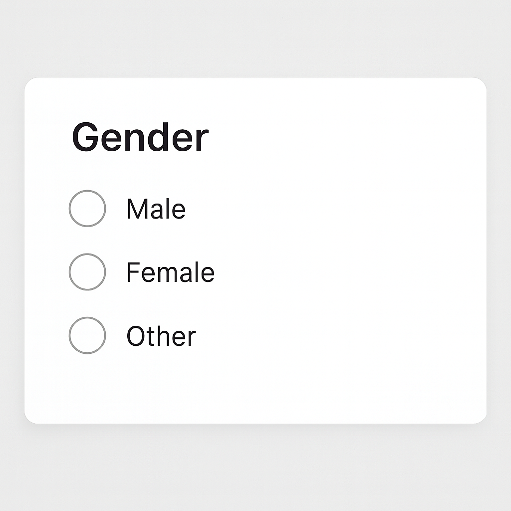 A form labeled “Gender” with three radio button options: “Male,” “Female,” and “Other.” While it seems inclusive, the “Other” option lacks meaningful recognition, highlighting superficial inclusivity.