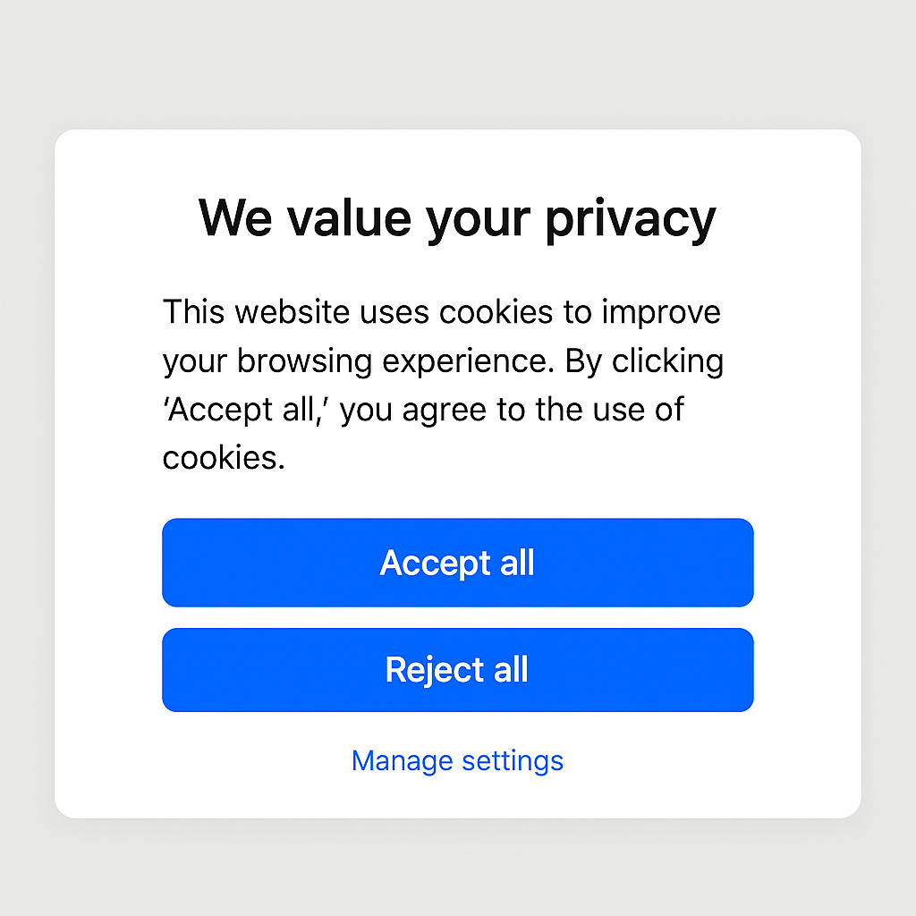 A cookie consent pop-up reading “We value your privacy,” with large blue “Accept all” and “Reject all” buttons, and a small, less visible “Manage settings” link. It appears to offer a choice but subtly nudges users toward acceptance.