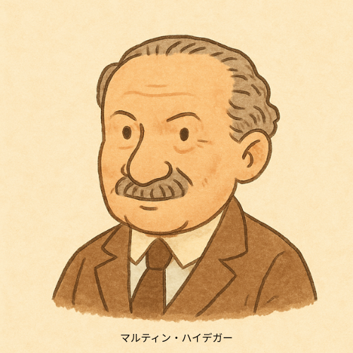 哲学者マルティン・ハイデガーをモチーフにした、柔らかなタッチのイラスト。スーツ姿で、落ち着いた表情をしている。