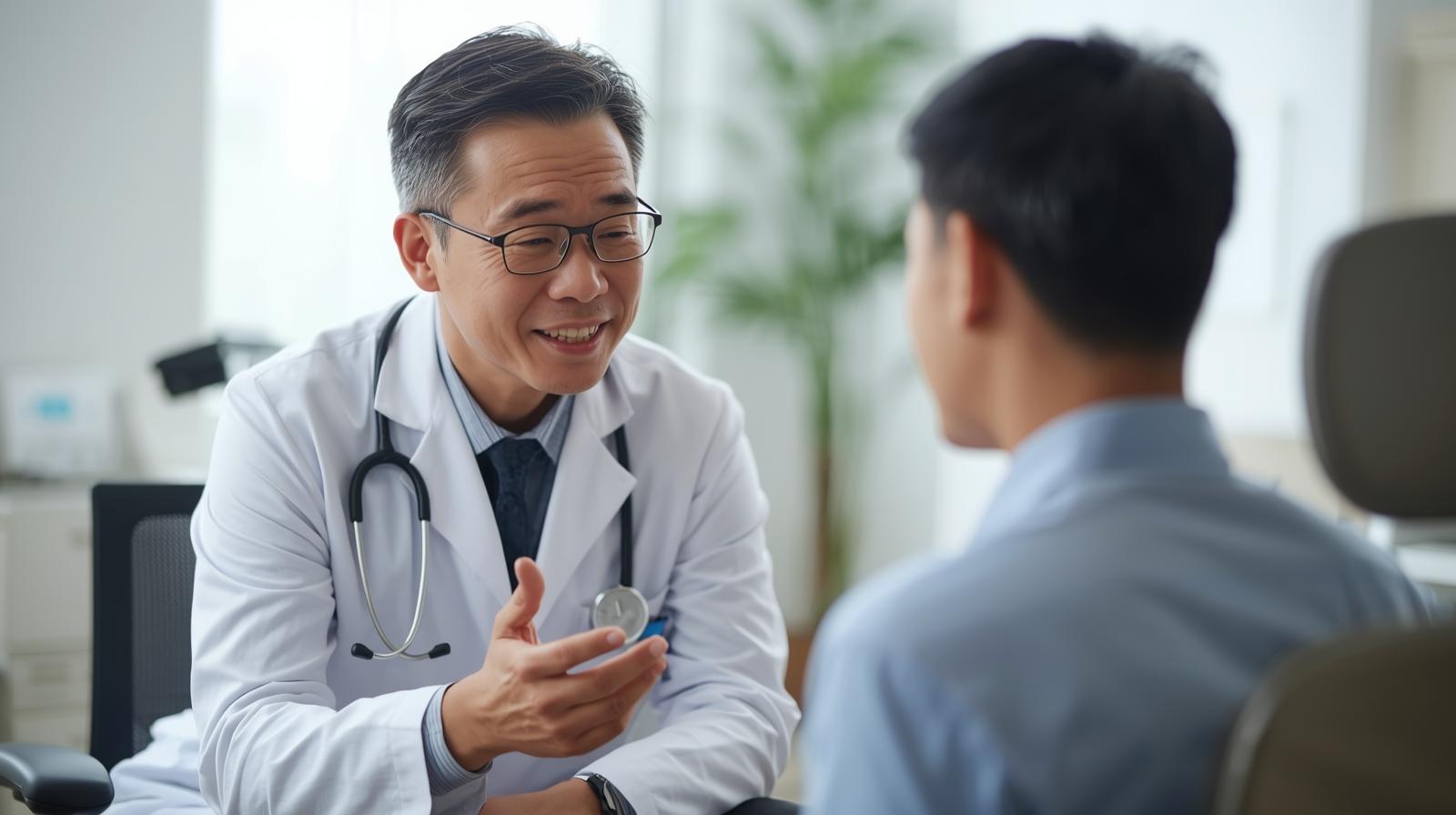 A friendly Asian doctor speaking gently with a young male patient during a medical consultation, symbolizing empathy and trust in healthcare UX.