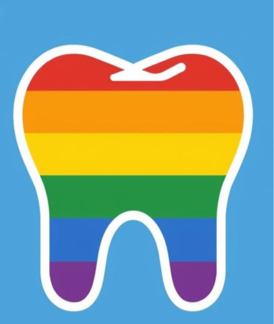A colorful dentist logo shaped like a tooth with rainbow pride stripes, symbolizing an LGBTQ+ friendly medical clinic.