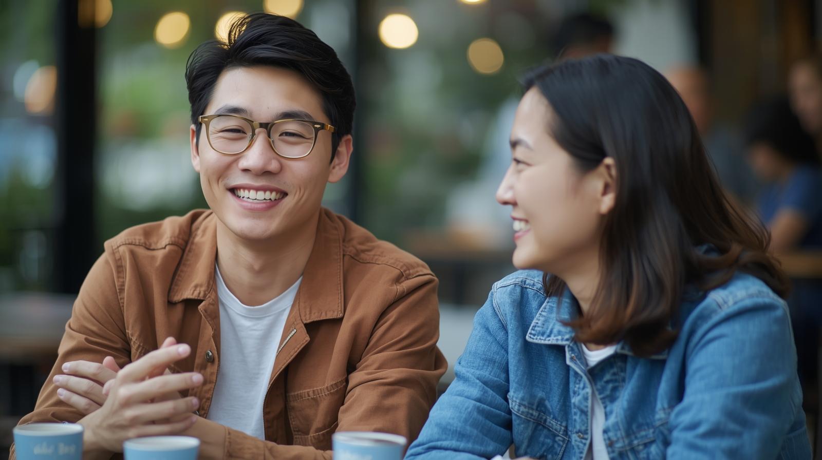 A smiling Asian man and woman chatting at an outdoor café, symbolizing open and empathetic dialogue about healthcare and personal experiences.