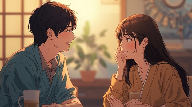 An anime-style illustration of a young man and a young woman having an engaging conversation at a table. The scene is set in a warmly lit room, representing the comfortable atmosphere of the 'Chance Chats' interview about temporary disability.