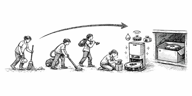 ほうきから掃除機、そしてロボット掃除機へと掃除道具が進化する様子のイラスト。しかし高機能でも手入れが必要な製品は、やがて使われなくなることも示唆している。UXリサーチでユーザーのニーズ変化を捉え、メンテナンスフリーなど生活に溶け込む体験へ適応する重要性を描いている。
