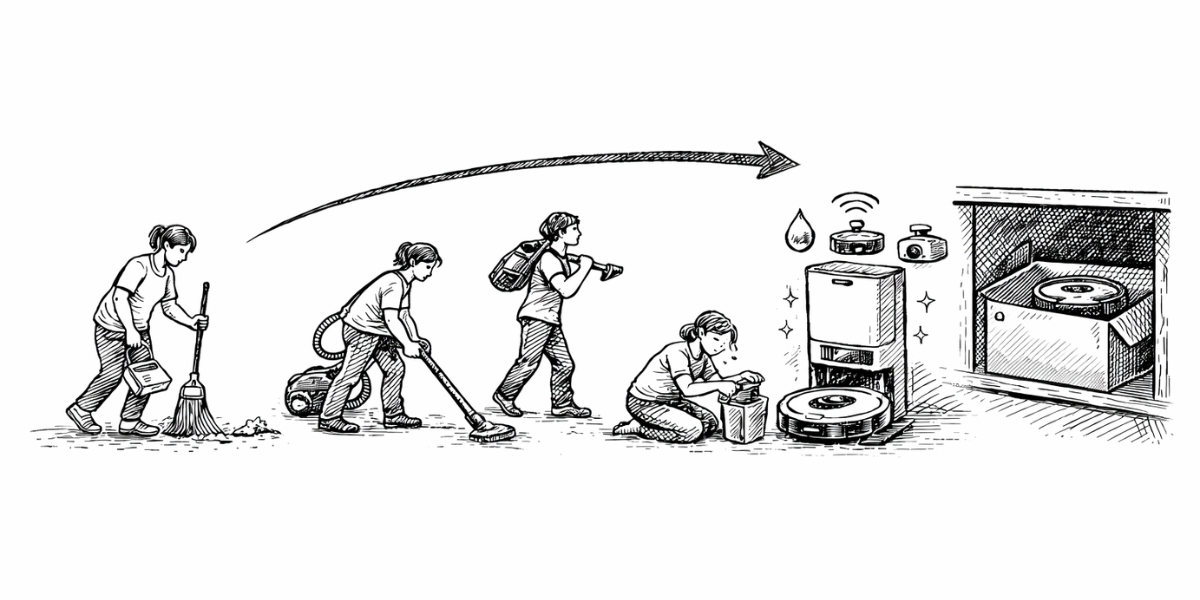 ほうきから掃除機、そしてロボット掃除機へと掃除道具が進化する様子のイラスト。しかし高機能でも手入れが必要な製品は、やがて使われなくなることも示唆している。UXリサーチでユーザーのニーズ変化を捉え、メンテナンスフリーなど生活に溶け込む体験へ適応する重要性を描いている。