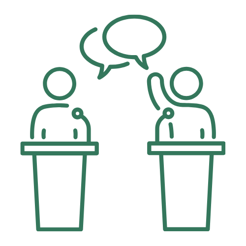 A green icon depicting two people at podiums engaged in a debate, with one speaking and the other raising a hand to respond.