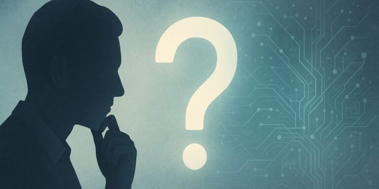 生成AI時代のUXリサーチにおける「問い」の重要性を示す画像。人のシルエットが、テクノロジーを象徴する回路図を背景に、光るクエスチョンマークを思索的に見つめている。