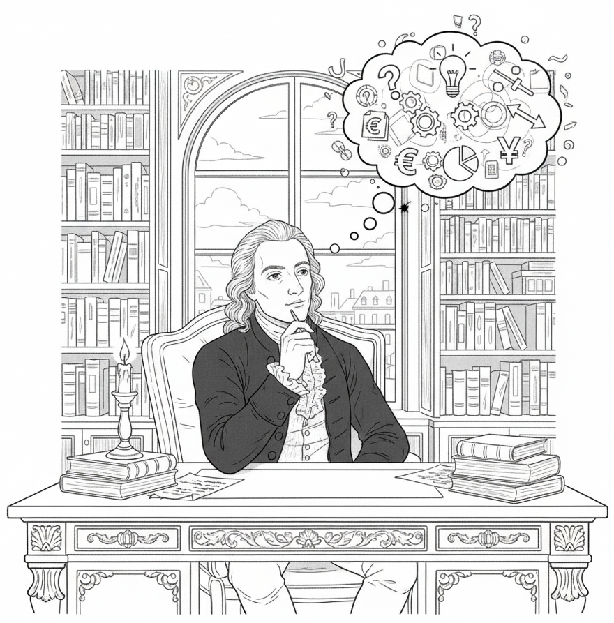 記事のテーマ「問いの重要性」を引用元の哲学者ヴォルテールで表現した線画イラスト。書斎で思索する彼の吹き出しには、問いやアイデアを示す様々なアイコンが浮かんでいる。