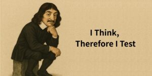An illustration of philosopher René Descartes in a classic thinking pose. Beside him is the title of the article: "I Think, Therefore I Test: What Descartes Can Teach Us About UX."