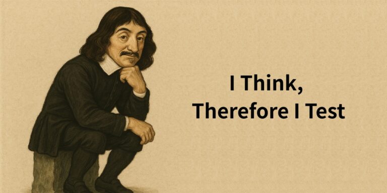 An illustration of philosopher René Descartes in a classic thinking pose. Beside him is the title of the article: "I Think, Therefore I Test: What Descartes Can Teach Us About UX."