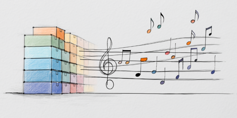 A sketch shows a stack of rigid boxes transforming into musical notes, illustrating the shift from a 'box-by-box' model to a continuous, melodic view of user experience.