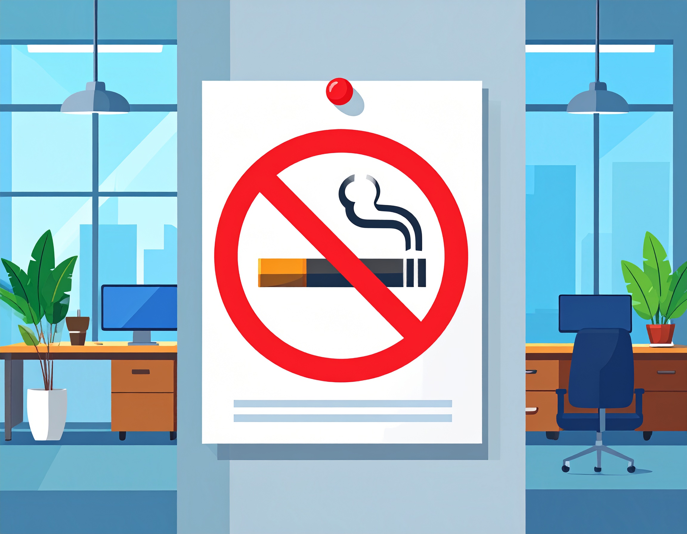 オフィスの壁に禁煙マークのポスターが貼られているイラスト。アプリだけでなく、物理的な環境が行動に影響を与えるアプローチの重要性を示している。