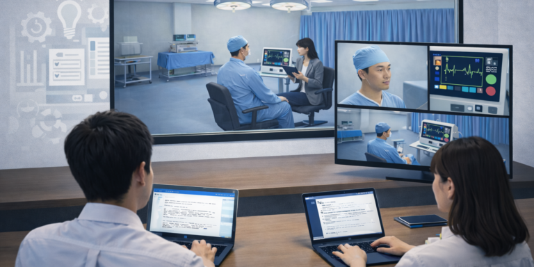 Medical device usability testing session in a simulated clinical environment with researchers observing a healthcare professional interacting with monitoring equipment