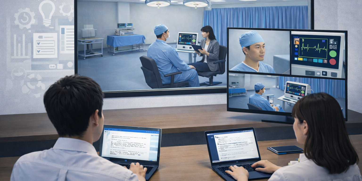 Medical device usability testing session in a simulated clinical environment with researchers observing a healthcare professional interacting with monitoring equipment