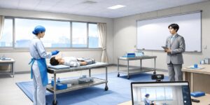 Healthcare professional conducting simulated usability testing with a patient mannequin in a conference room environment for PMDA human factors engineering validation in Japan