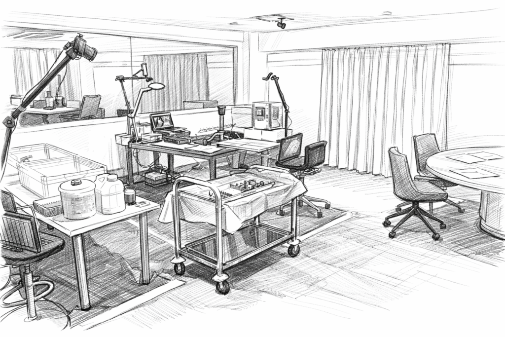 Sketch of a simulated usability testing lab setup with medical devices and observation equipment illustrating a controlled environment for HFE validation studies