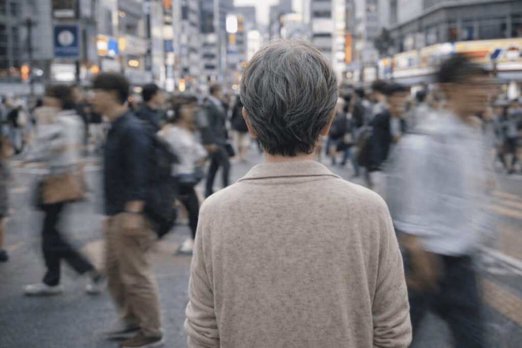 View from behind of an older person with gray hair, standing still amidst a blurred, fast-moving crowd on a busy city street, symbolizing the feeling of being left behind by a rapidly changing society.