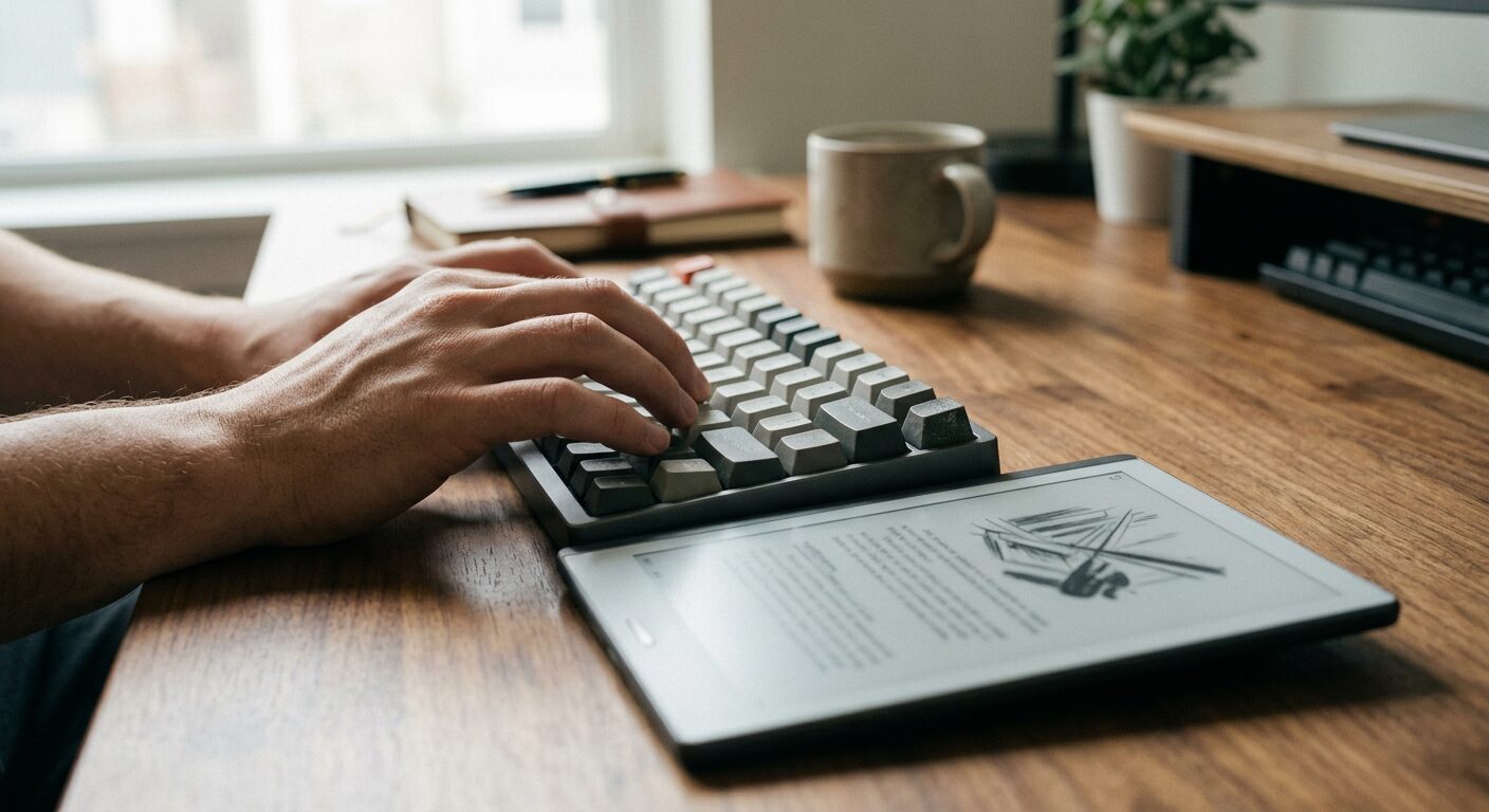 物理キーボードで入力し、電子ペーパー端末で読む作業風景。手応えのある操作と集中を支えるUXを表現したメインビジュアル