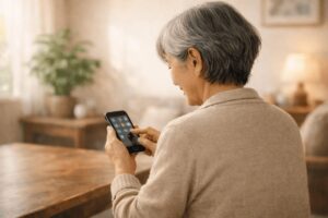 An older woman with gray hair smiles with a sense of accomplishment while using a smartphone in her home, demonstrating confidence with technology.