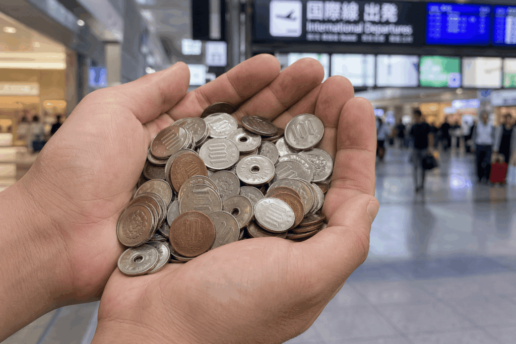 A close-up of a pair of hands holding a large amount of Japanese yen coins in an airport terminal, with a sign for "International Departures" visible in the background.