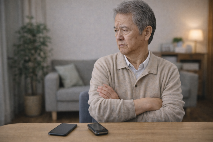 An elderly man sits with his arms crossed, looking away from smartphones on the table with a skeptical expression. This represents the psychological resistance and self-denying attitude older adults may have towards adopting new technology.