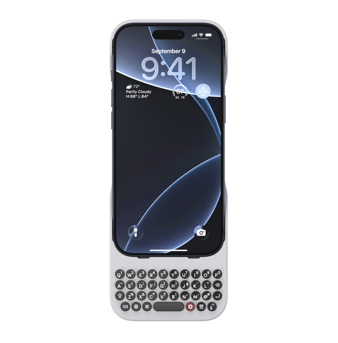 Clicks Technologyのスマートフォン向け物理キーボードケースを装着したiPhone。画面下に物理キーを備え、タッチ操作に手応えを加える入力デバイス。