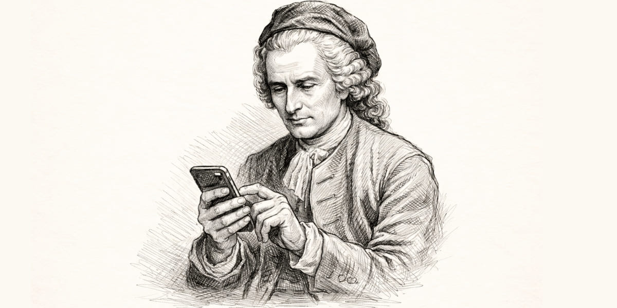 18世紀の哲学者ジャン＝ジャック・ルソーがスマートフォンを操作しているペン画。古典的な思想と現代のテクノロジー（UX）が結びつく、この記事のテーマを象徴しています。