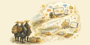 An illustration contrasting historical Japanese merchants with a vision of modern digital commerce, represented by laptops, social media icons, and delivery trucks.