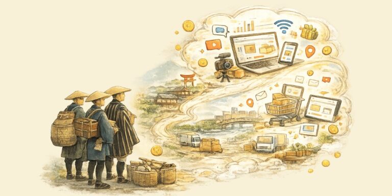 An illustration contrasting historical Japanese merchants with a vision of modern digital commerce, represented by laptops, social media icons, and delivery trucks.