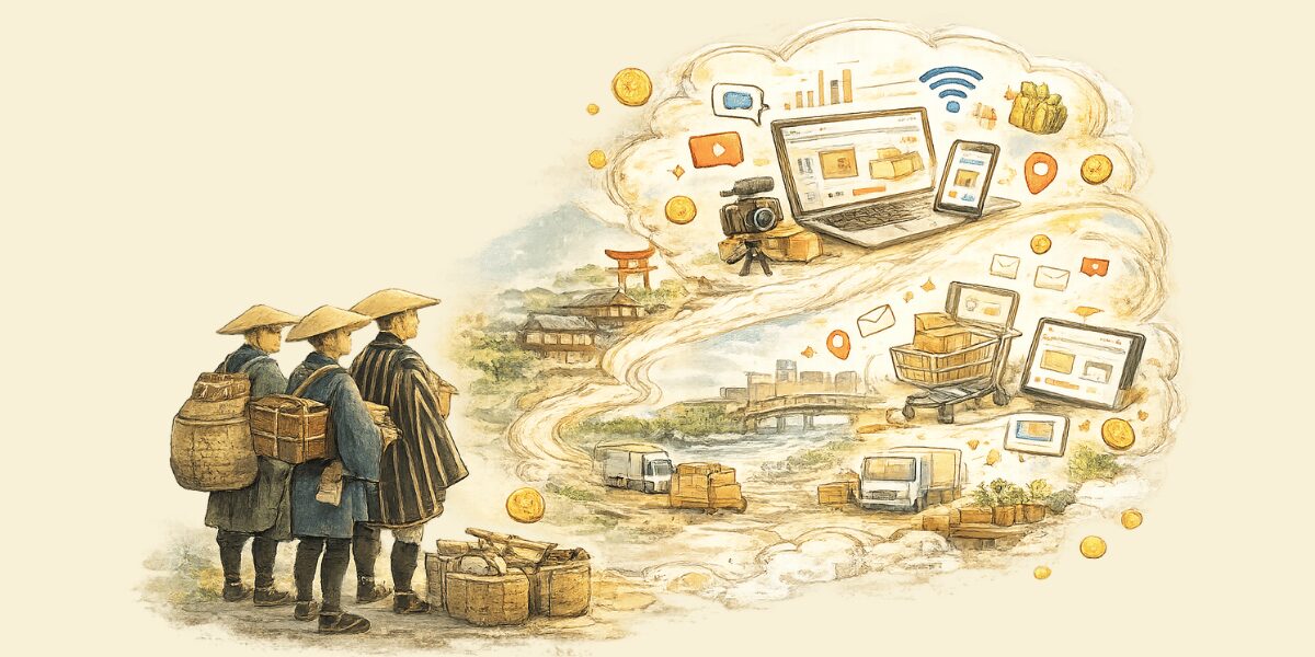 An illustration contrasting historical Japanese merchants with a vision of modern digital commerce, represented by laptops, social media icons, and delivery trucks.