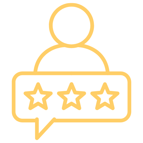 A yellow-orange icon on a green background depicting a person with a speech bubble containing three stars, symbolizing a customer review or rating.