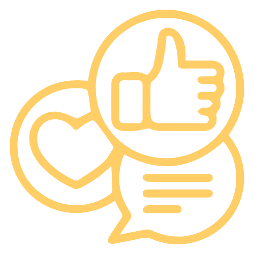A yellow-orange icon on a green background showing a cluster of overlapping social media engagement symbols: a thumbs-up, a heart, and a comment bubble. This represents likes, loves, and comments.