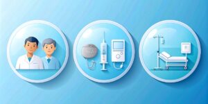An illustration of three icons for medical device testing: one with two doctors, one with medical devices like a syringe and monitor, and one with a hospital bed and IV pole.