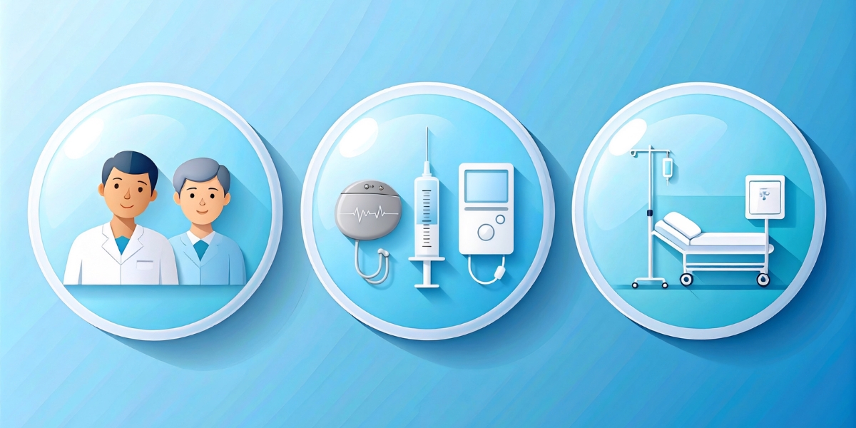 An illustration of three icons for medical device testing: one with two doctors, one with medical devices like a syringe and monitor, and one with a hospital bed and IV pole.