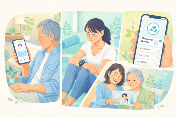 在宅医療や服薬管理に使われるSaMDのユーザビリティ評価を示す医療アプリ利用シーンのイラスト