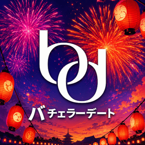 The Bachelor Date app icon in its summer design, featuring the logo over a night sky of fireworks and red lanterns with a silhouette of a pagoda.