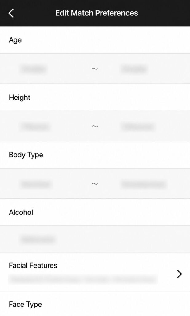 Screenshot of the Bachelor Date app's Edit Match Preferences screen listing adjustable criteria including Age, Height, Body Type, Alcohol, Facial Features, and Face Type.